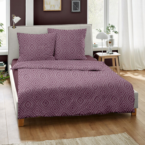 Bettwäsche Jacquard-Feinbiber 200/220 + 2x80/80 cm, Raute bordeaux
