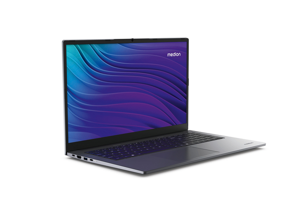 Laptop, geöffnet mit schwarzer Tastatur und großem Bildschirm
