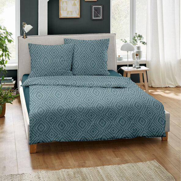 Bettwäsche Jacquard-Feinbiber 200/220 + 2x80/80 cm, Raute petrol