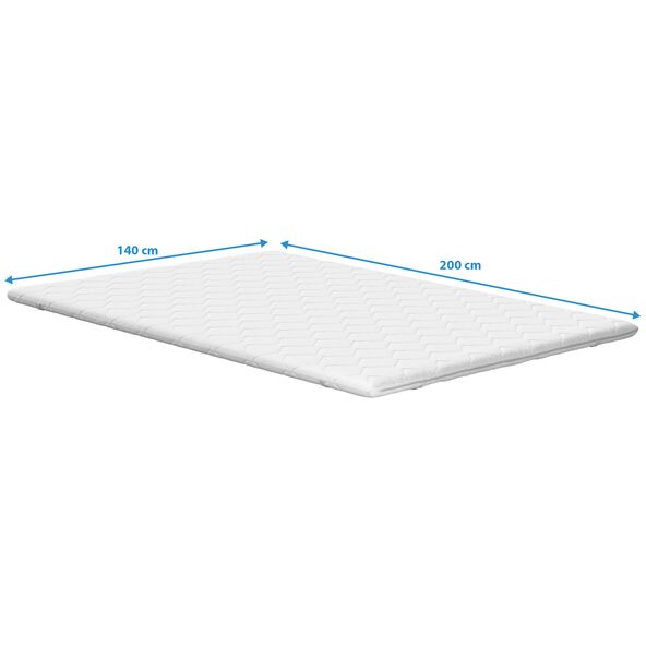 Matratzen-Topper Basis, 140 x 200 cm: Ein glatter, weißer Matratzen-Topper liegt auf einer Matratze und verbessert den Schlafkomfort.