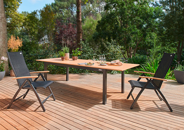 Aluminium-Ausziehtisch, 220/280 x 100 cm, Holzoptik Aluminium-Ausziehtisch, 220/280 x 100 cm, Holzoptik