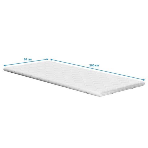 Weißer Matratzen-Topper mit gesteppter Oberfläche, rechteckig, Größe 90 x 200 cm, freigestellt auf weißem Hintergrund.