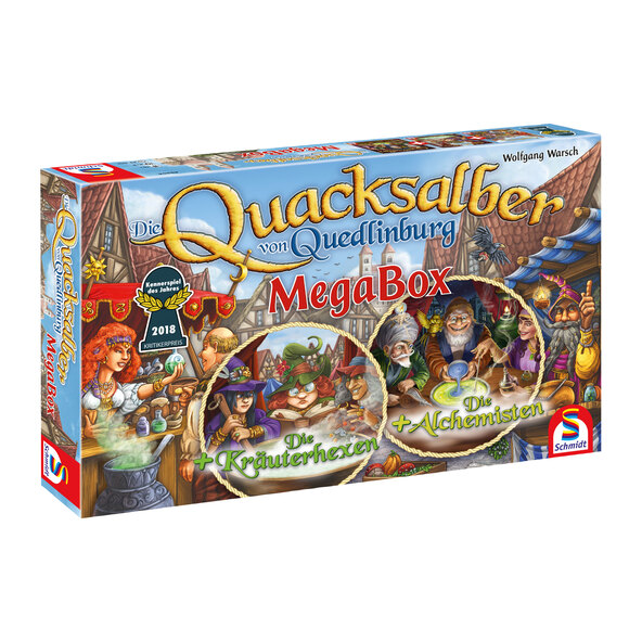 Bunte Spielesammlung "Quacksalber" in einer großen, quadratischen Box. Verschiedene Spielmodule, Karten und Chips sind erkennbar. Das Logo "Quacksalber" ist prominent platziert.
