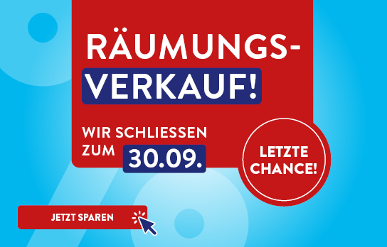 Roter Kasten mit Überschrift Räumungsverkauf auf hellblauem Hintergrund