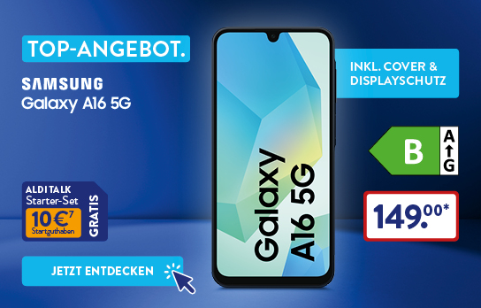 Smartphone auf dunkelblauem Hintergrund mit der Überschrift &quot;Top Angebot. Samsung Galaxy A16 5G&quot;
