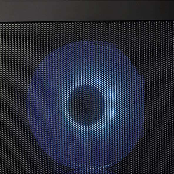 Gaming PC Hunter, RTX.
Ein schwarzer Tower-PC mit RGB-Beleuchtung ist zu sehen. Sichtbar sind Lüfter, Grafikkartenkomponenten und ein durchsichtiges Seitenteil.