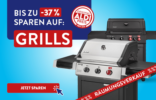 Zwei Grills auf blauem Hintergrund umgeben von roten Bannern mit der Schrift &quot;Alles muss raus! Jetzt sparen!&quot;