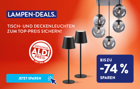 Zwei Lampen auf rotem Hintergrund neben der Überschrift &quot;Lampen Deals - bis zu 74 % sparen&quot;