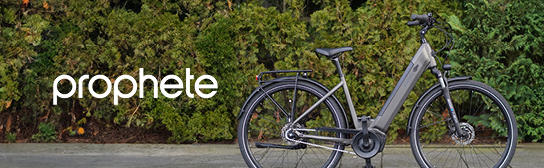 Fahrrad steht vor einer Hecke, Prophete Logo daneben