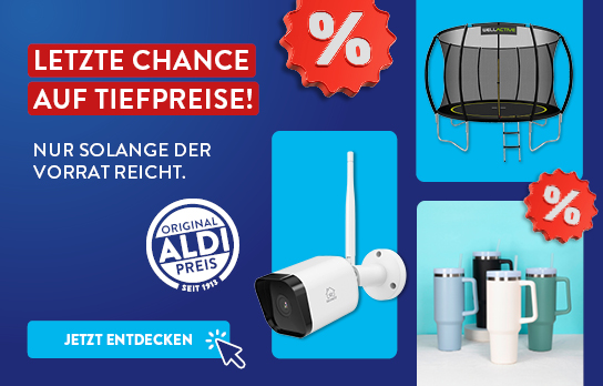 Banner mit dem Schriftzug "Letzte Chance auf Schnäppchen" vor dunkelblauem Hintergrund mit Produkten