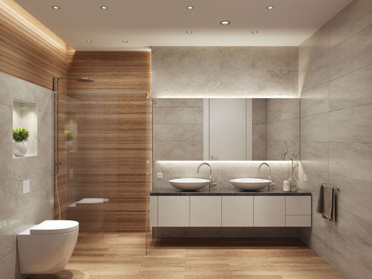 Minimalistisches, modernes Badezimmer mit beigen Fliesen, Holzboden, weißen Armaturen, großem Spiegel und ebenerdiger Dusche