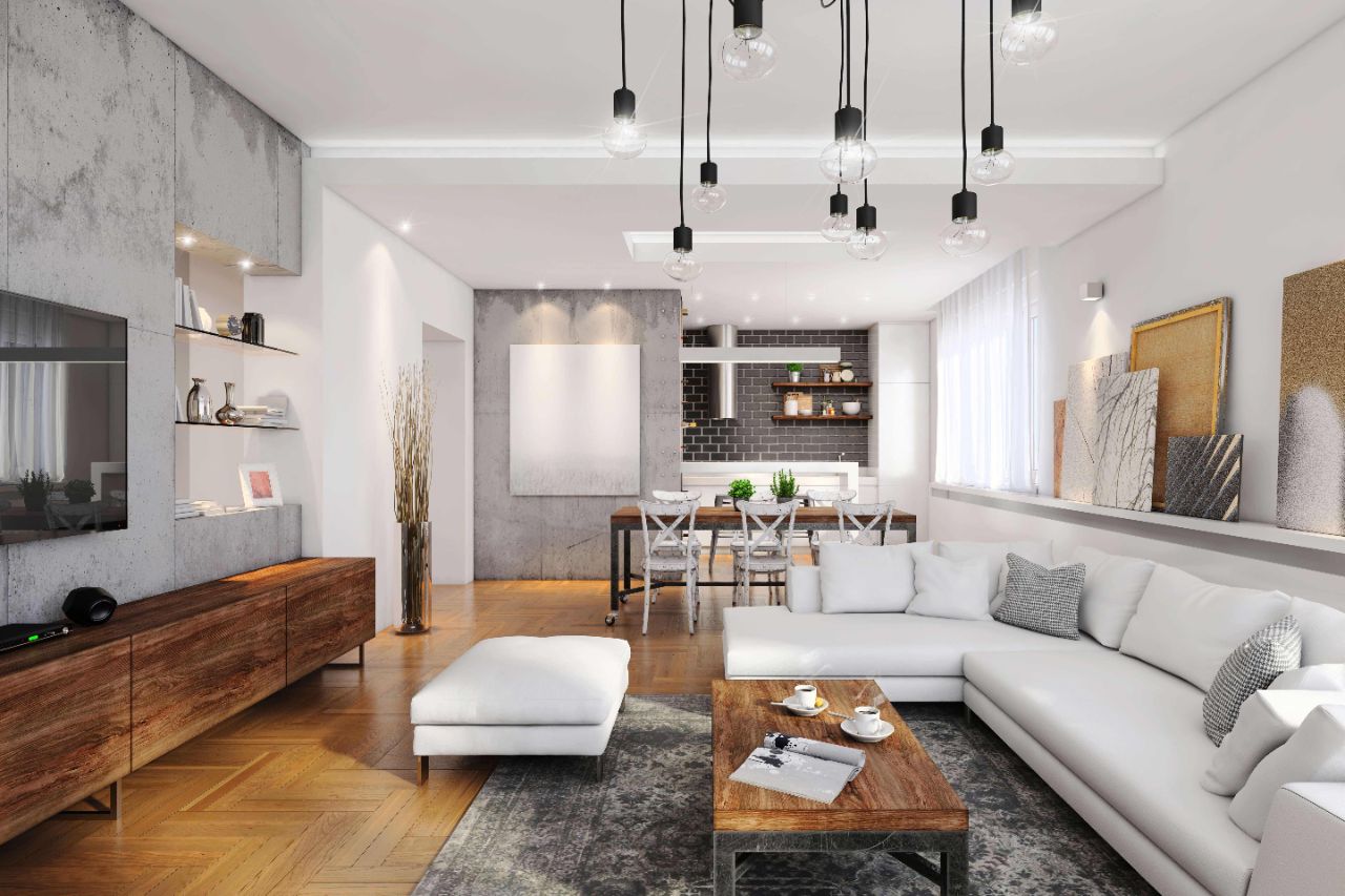 Modernes Wohn- und Esszimmer mit weiß-grauen Wänden, dunklem Holzboden und Möbeln in Weiß, Anthrazit und dunklem Holz