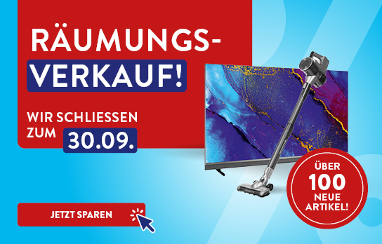 Drei Produkte auf hellblauem Hintergrund mit der Überschrift Räumungsverkauf