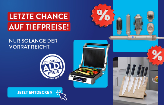 Blauer Banner mit einer Auswahl an Artikeln und der Überschrift &quot;Letzte Chance auf Tiefpreise&quot;