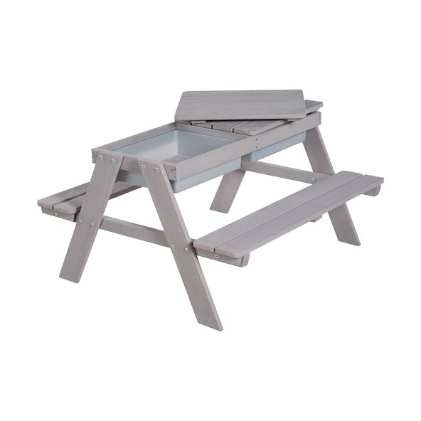Graue Outdoor-Kinder-Sitzgruppe Play for mit vier integrierten Sitzen und einem Tisch in der Mitte, geeignet für den Außenbereich.
