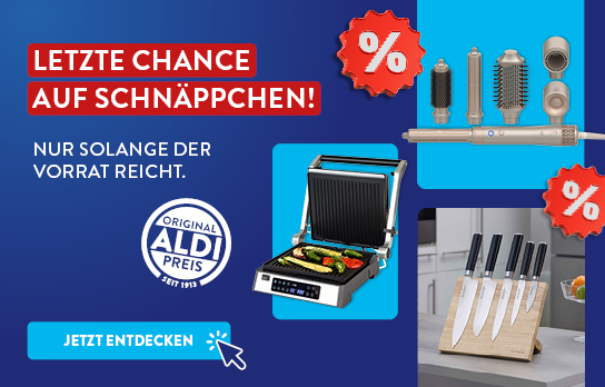 Banner mit dunkelblauem Hintergrund zeigt Produkte und die Überschrift &quot;Letzte Chance auf Schnäppchen!&quot;