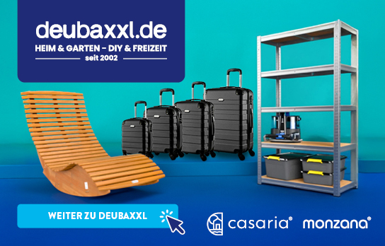 Mehrere Produkte auf blauem Hintergrund und das Markenlogo von Deubaxxl