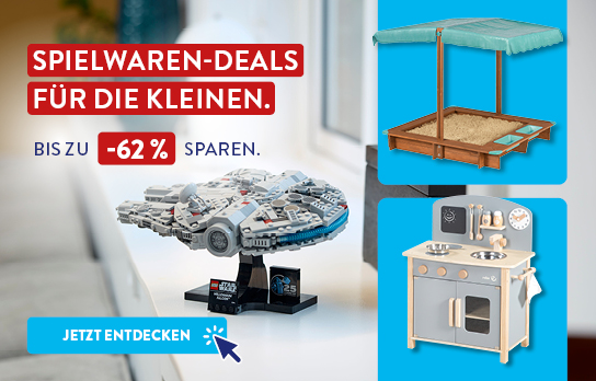 Mehrere Produkte auf blauen Kacheln mit der Überschrift &quot;Spielwaren-Deals für die Kleinen&quot;