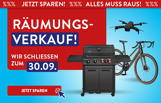 Produktauswahl neben einem roten Kasten auf blauem Hintergrund mit der Überschrift Räumungsverkauf