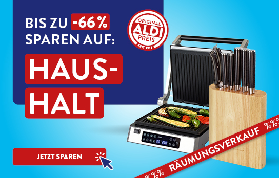 Zwei Haushaltsartikel auf blauem Hintergrund umgeben von roten Bannern mit der Schrift &quot;Alles muss raus! Jetzt sparen!&quot;