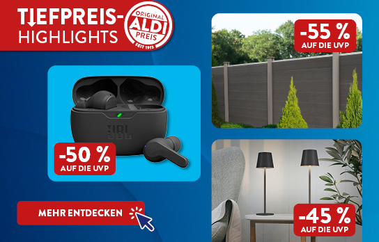Vier Produkte auf blauem Hintergrund mit der Überschrift Tiefpreishighlights