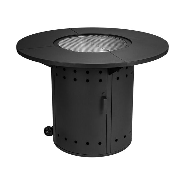 Runder Ambiente-Feuertisch mit Kohlebetrieb auf einer Terrasse, umgeben von Stühlen und dekorativen Elementen, die eine gemütliche Atmosphäre erzeugen.