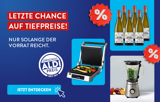 Dunkelblauer Banner zeigt Produktauswahl mit der Überschrift &quot;Letzte Chance auf Tiefpreise&quot;