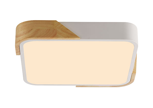 Weiße, quadratische LED-Deckenleuchte. Die Lampe ist flach und hat eine gleichmäßige, diffuse Lichtverteilung. Das Gehäuse ist schlicht und modern gestaltet.
