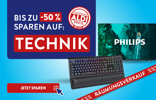 Zwei Technik Produkte auf hellblauem Hintergrund mit der Headline &quot;bis zu -50% sparen&quot;