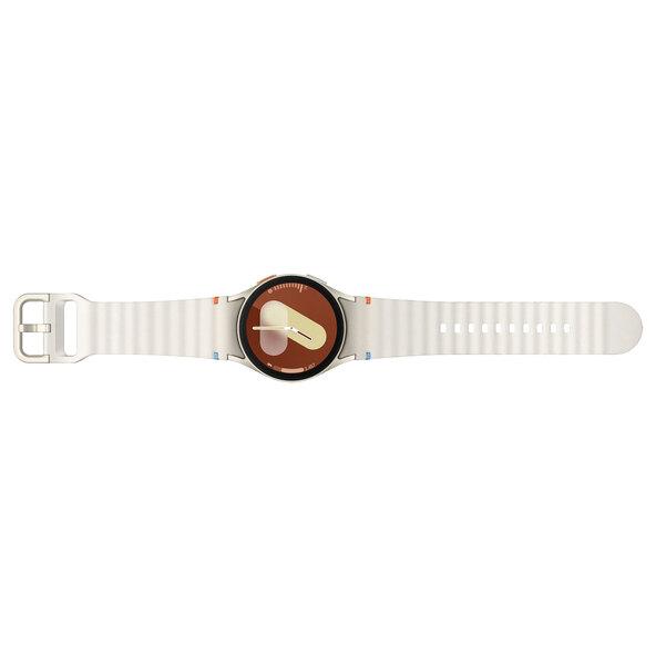 Beige, runde Smartwatch mit schlankem Gehäuse und hellem Armband, auf neutralem Hintergrund freigestellt. Das Display zeigt eine stilisierte, farbige Benutzeroberfläche.