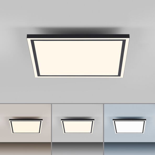Quadratische LED-Deckenleuchte mit abgerundeten Ecken, die ein helles, gleichmäßiges Licht abstrahlt. Die Leuchte ist weiß und wirkt modern und schlicht.