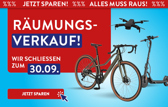 Drei Produkte auf hellblauem Hintergrund mit der Überschrift Räumungsverkauf