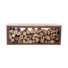 Eine Holzlagerbank Tyr aus Holz, im Außenbereich stehend, mit Holzscheiten gefüllt, dient als Sitzgelegenheit und Holzlagerung.