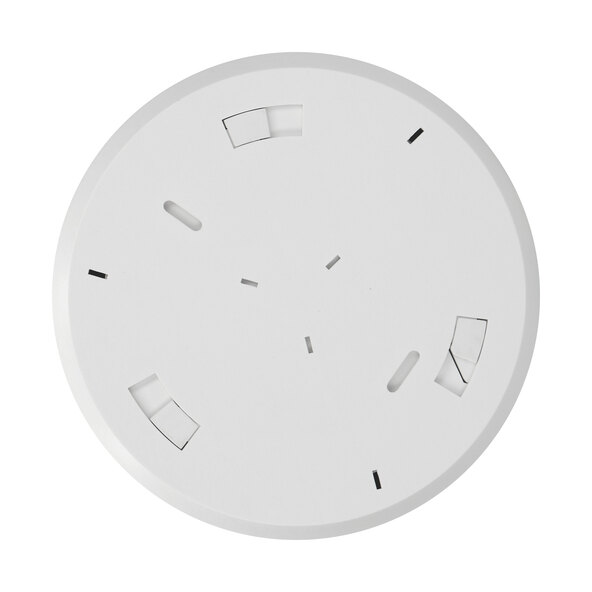 Vier weiße, runde Rauchmelder mit schwarzem Testknopf sind auf einem weißen Hintergrund angeordnet. Sie sind für die Deckenmontage vorgesehen.
