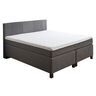 Graues Boxspringbett, Basic, mit großem Kopfteil und Matratze auf einem gefederten Unterbau, freigestellt vor neutralem Hintergrund.