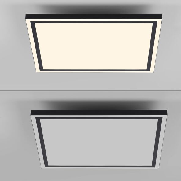 Quadratische LED-Deckenleuchte Edging-Smart mit abgerundeten Ecken, bestehend aus einem Rahmen und einer zentralen, leuchtenden Fläche. Die Leuchte ist vor einem neutralen Hintergrund abgebildet.