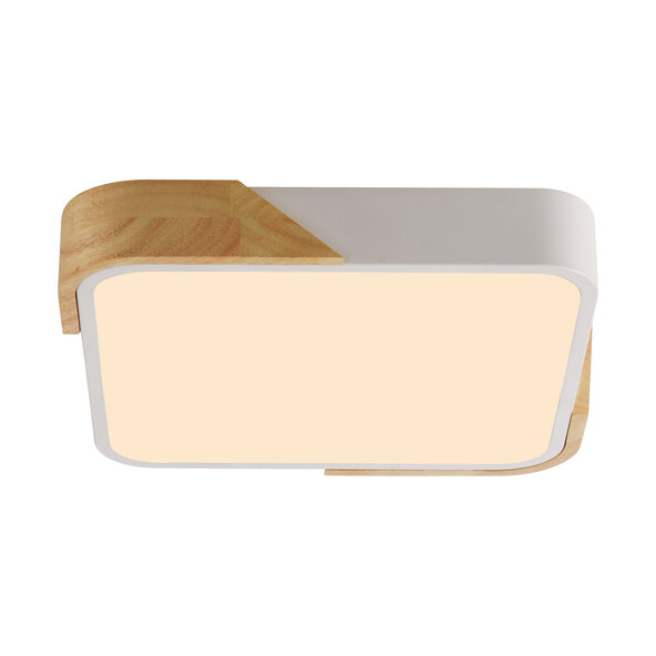 Weiße, quadratische LED-Deckenleuchte. Die Lampe ist flach und hat eine gleichmäßige, diffuse Lichtverteilung. Das Gehäuse ist schlicht und modern gestaltet.
