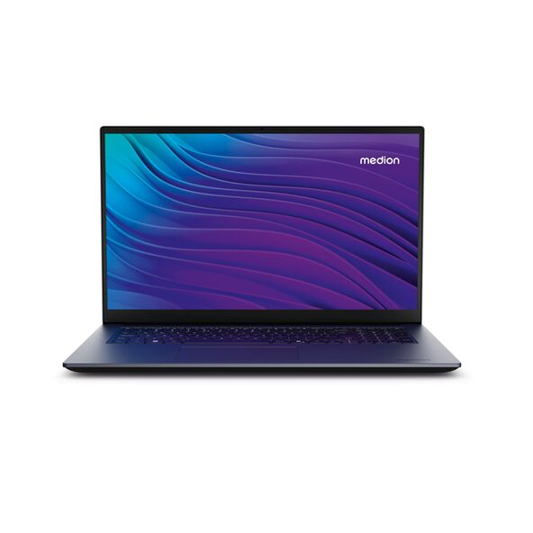 Silberfarbener Laptop Avantum mit großem Display, leicht geöffnet, der Bildschirm zeigt helle Inhalte, Herstellerlogo unten mittig.