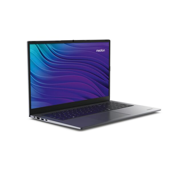 Laptop, geöffnet mit schwarzer Tastatur und großem Bildschirm