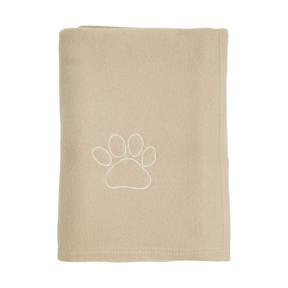 "Beige Fleece-Heimtierdecke mit dunkler Pfotenstickerei in der Ecke, glatte Oberfläche, rechteckige Form, Produktfotografie.
"