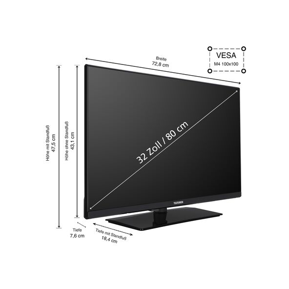 HD Ready TV, 80 cm (32 Zoll)

Schwarzer Fernseher mit schmalem Rahmen steht auf zwei seitlichen Füßen. Das Display zeigt ein helles, farbiges Bild.