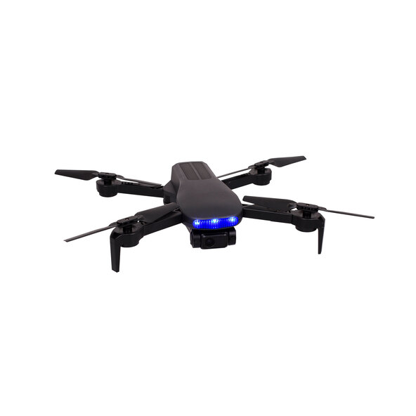 Freigestellte, graue Drohne mit vier Rotoren und einer Kamera. Die Drohne ist leicht angewinkelt und im Flug dargestellt. Sie ist das Produkt Drohne WIFI.