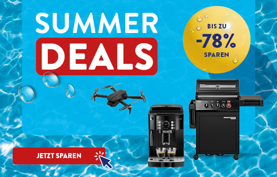 Drei Produkte auf hellblauem Hintergrund mit der Headline &quot;Summer Deals bis zu 78 % sparen&quot;