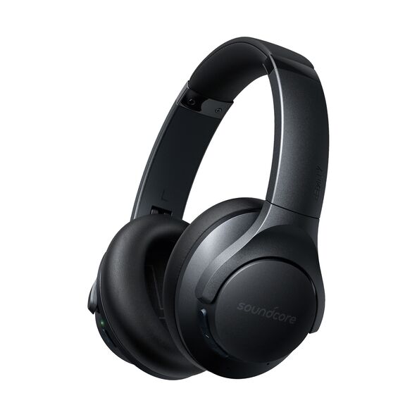 Schwarze Over-Ear Bluetooth-Kopfhörer, Modell "Anker", mit aktiver Geräuschunterdrückung (ANC), seitlich leicht geneigt dargestellt. Die Ohrmuscheln sind groß und gepolstert.
