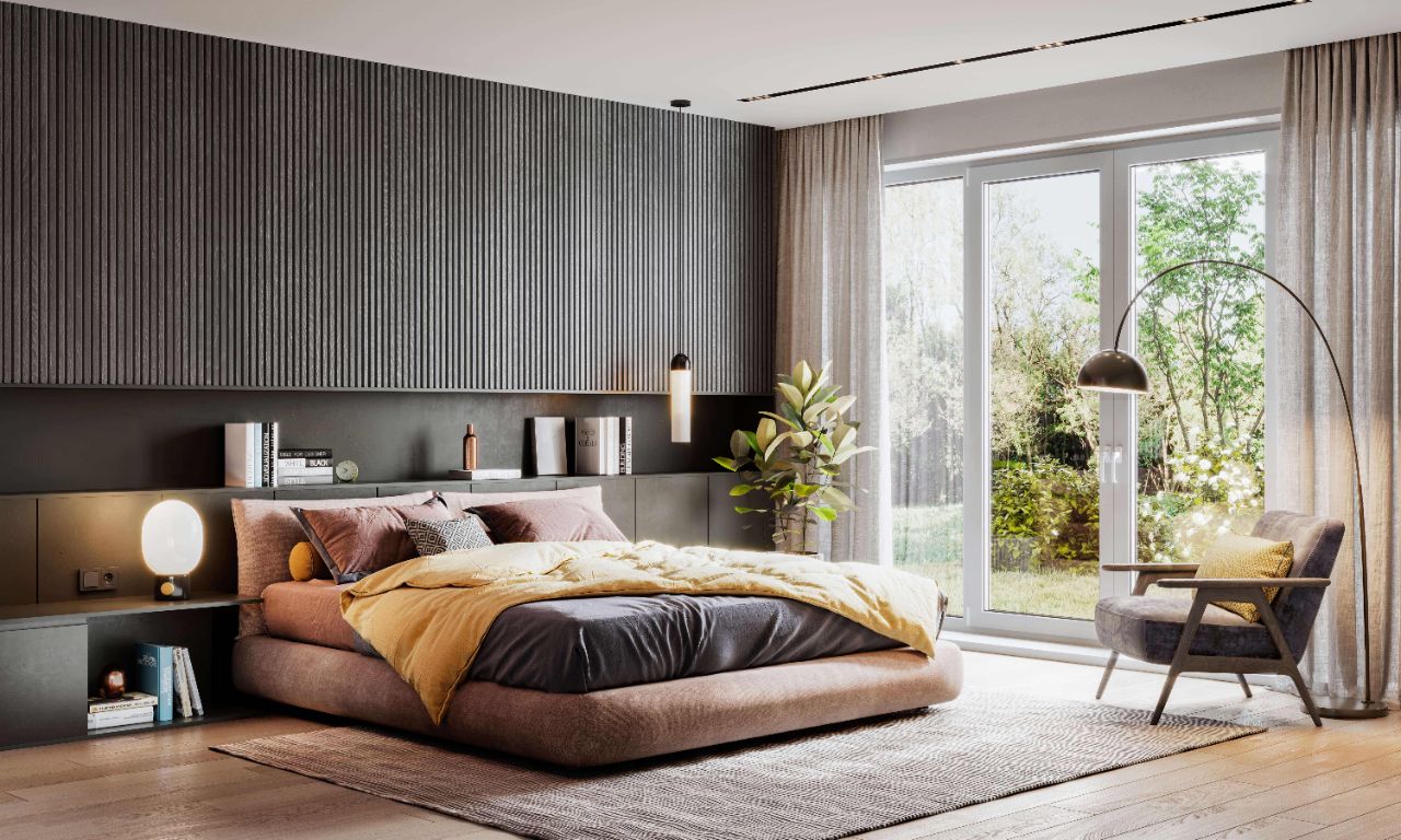 Modernes Schlafzimmer bei Tag in Anthrazit und Braun mit großem Polsterbett, Schrankwand, Sessel, Deko und Leuchten