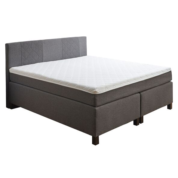 Graues Boxspringbett, Basic, mit großem Kopfteil und Matratze auf einem gefederten Unterbau, freigestellt vor neutralem Hintergrund.