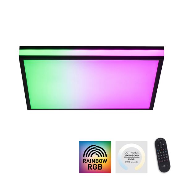 Schwarze, quadratische LED-Deckenleuchte Mario mit abgerundeten Ecken. Die Leuchte hat eine flache Bauweise und strahlt helles, gleichmäßiges Licht ab.