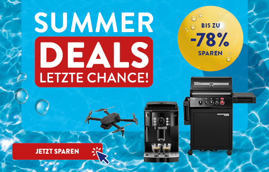 Drei Produkte auf hellblauem Hintergrund mit der Headline &amp;quot;Summer Deals bis zu 78 % sparen&amp;quot;