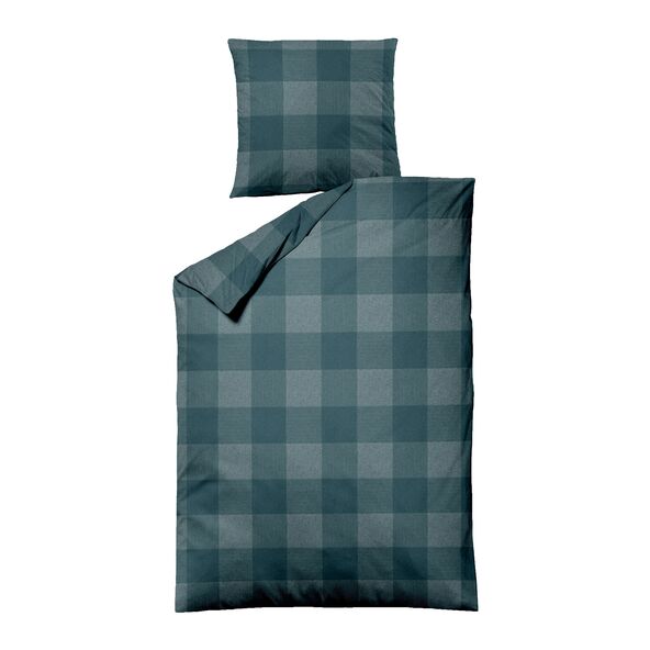 Bettwäsche Jacquard-Feinbiber mit Karomuster in Petrol- und Grüntönen, bestehend aus einem Bettbezug und einem Kissenbezug.