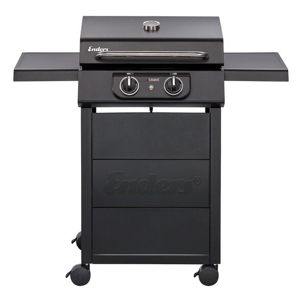 Freistehender, schwarzer Elektrogrill ecrave mit silbernen Akzenten, Grillrost und Bedienfeld sichtbar, vor weißem Hintergrund.